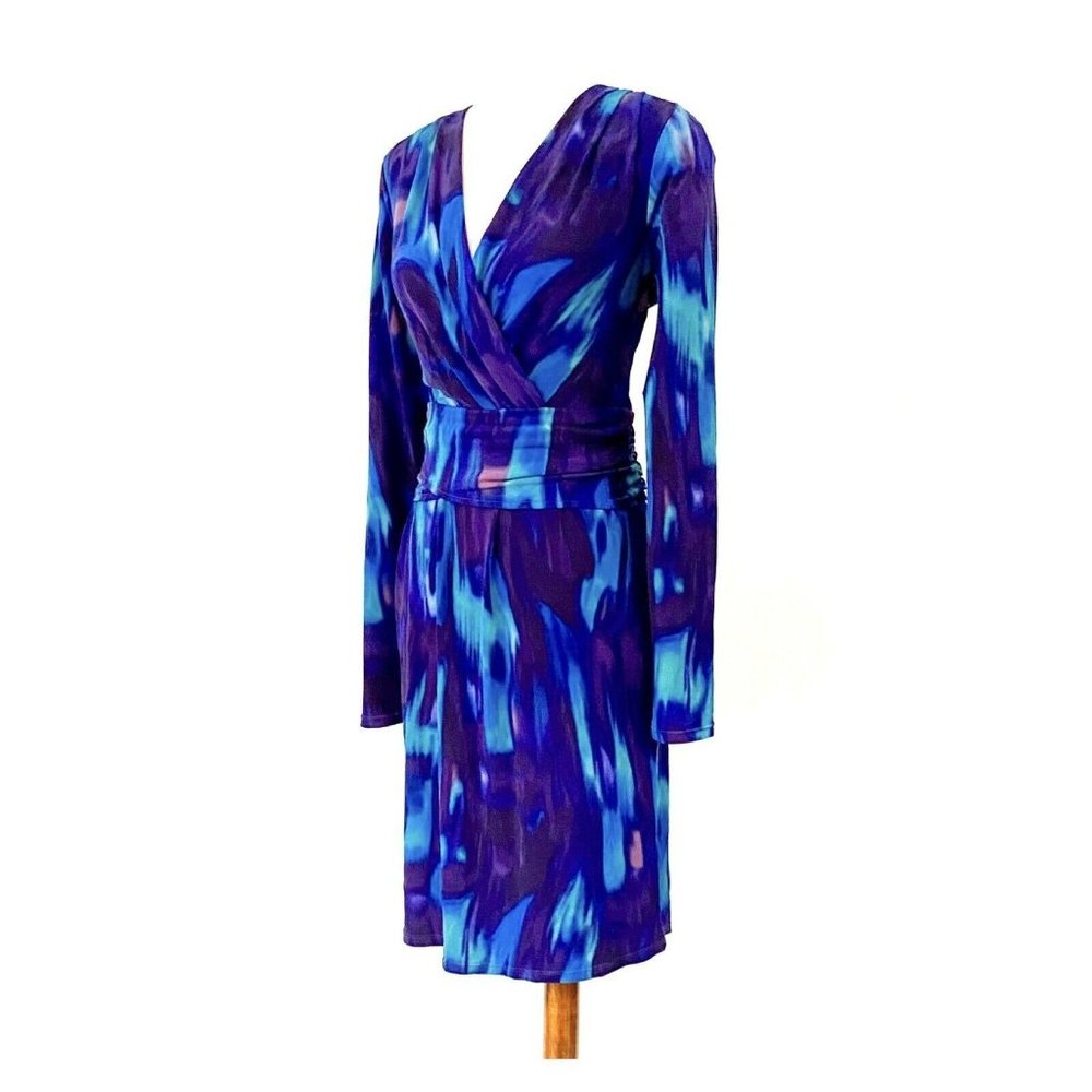 Antonio Melani Watercolor Blue Cummerbund Waist Faux Wrap Jersey Dress Size S